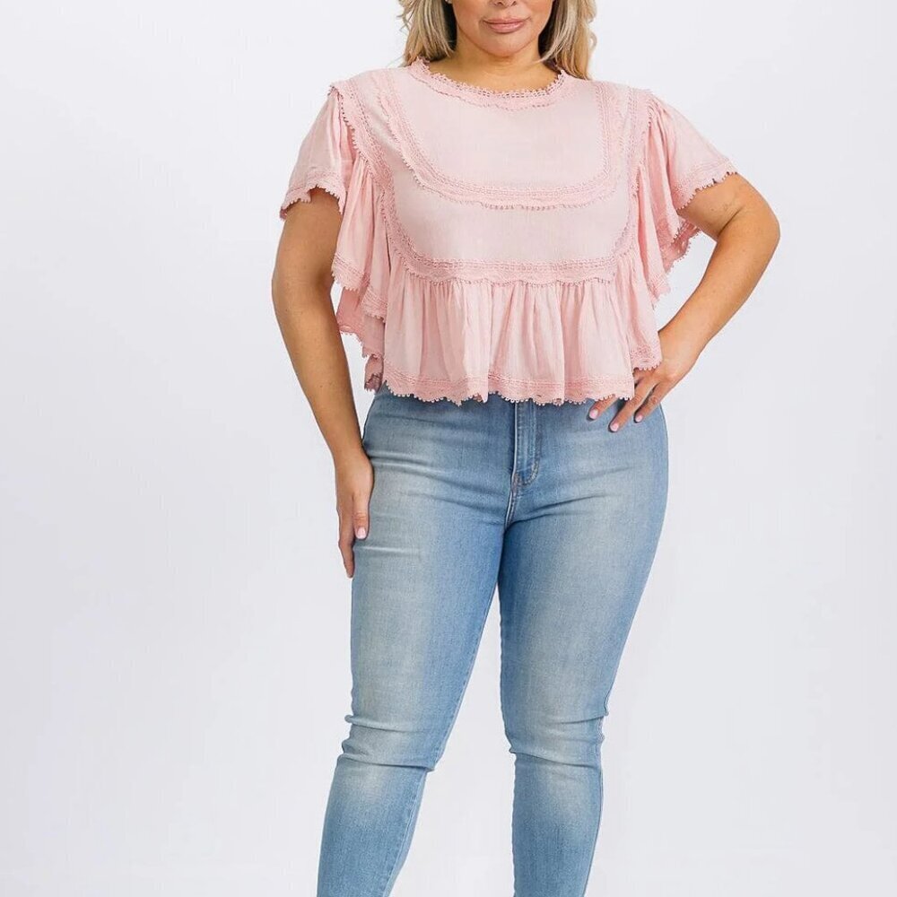 Full Size Short Sleeve Pink Ruffled Crop Peplum Top with Crochet Trim Detail